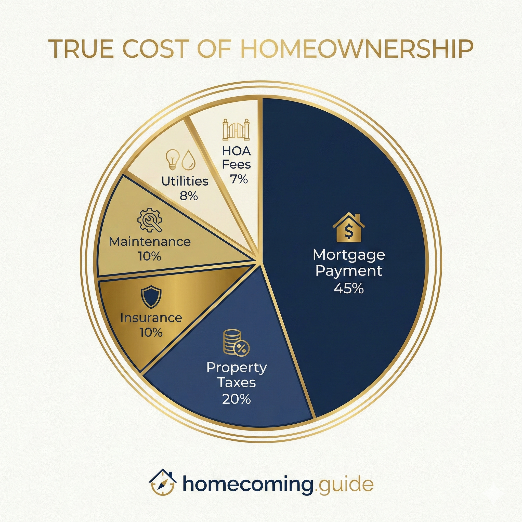 True cost of homeownership breakdown: mortgage payment, property taxes, insurance, maintenance, utilities, and HOA fees