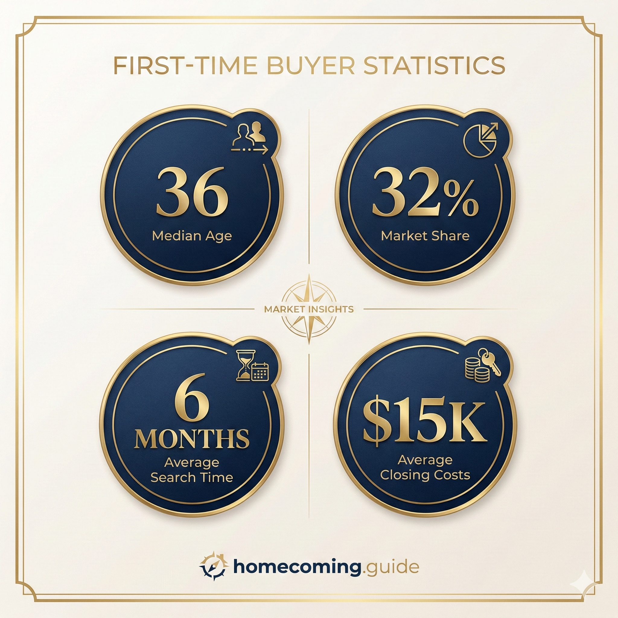 First-time buyer statistics: median age 36, 32% market share, 6 months average search, $15K average closing costs