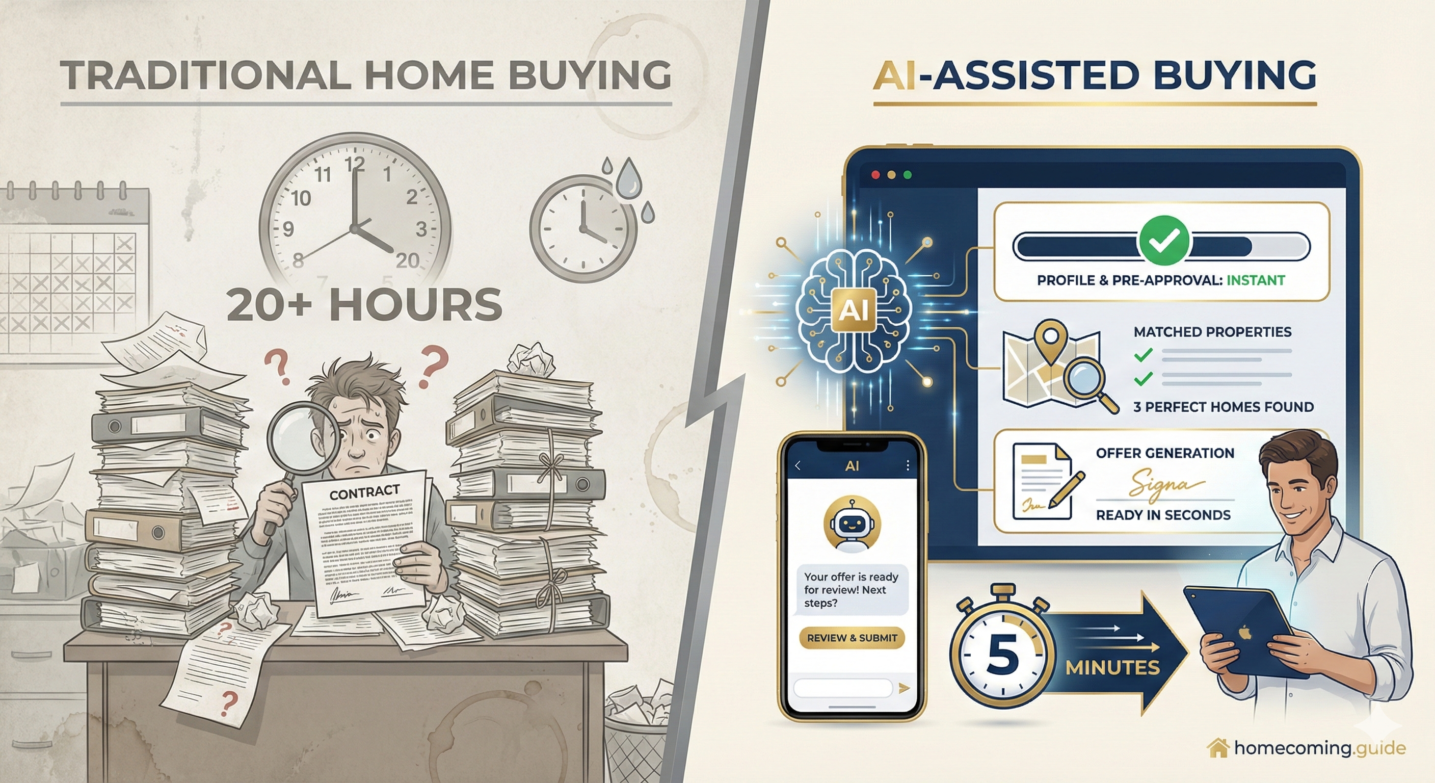 Traditional home buying takes 20+ hours vs AI-assisted buying in just 5 minutes