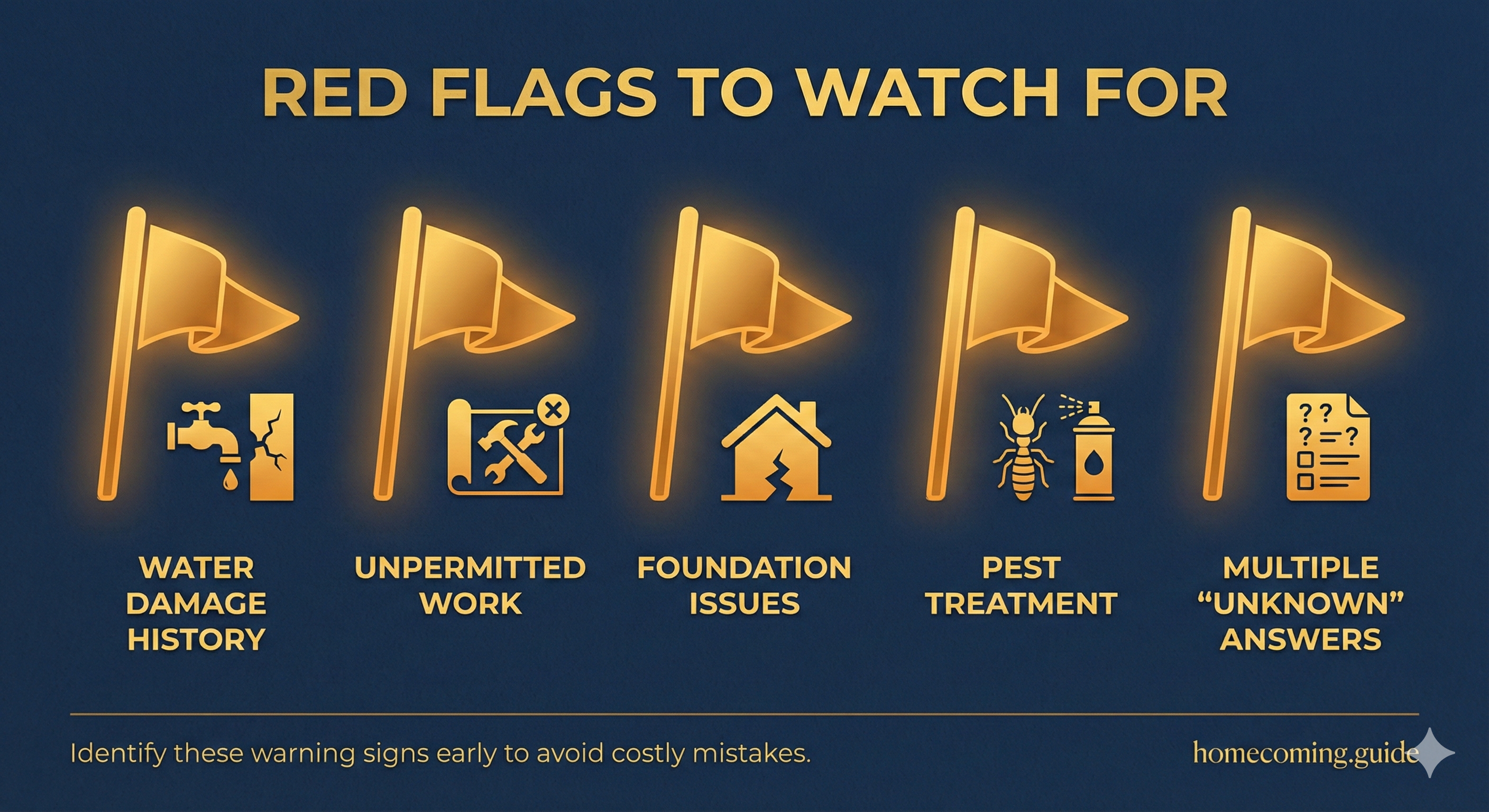 Red flags to watch for: Water Damage History, Unpermitted Work, Foundation Issues, Pest Treatment, Multiple Unknown Answers