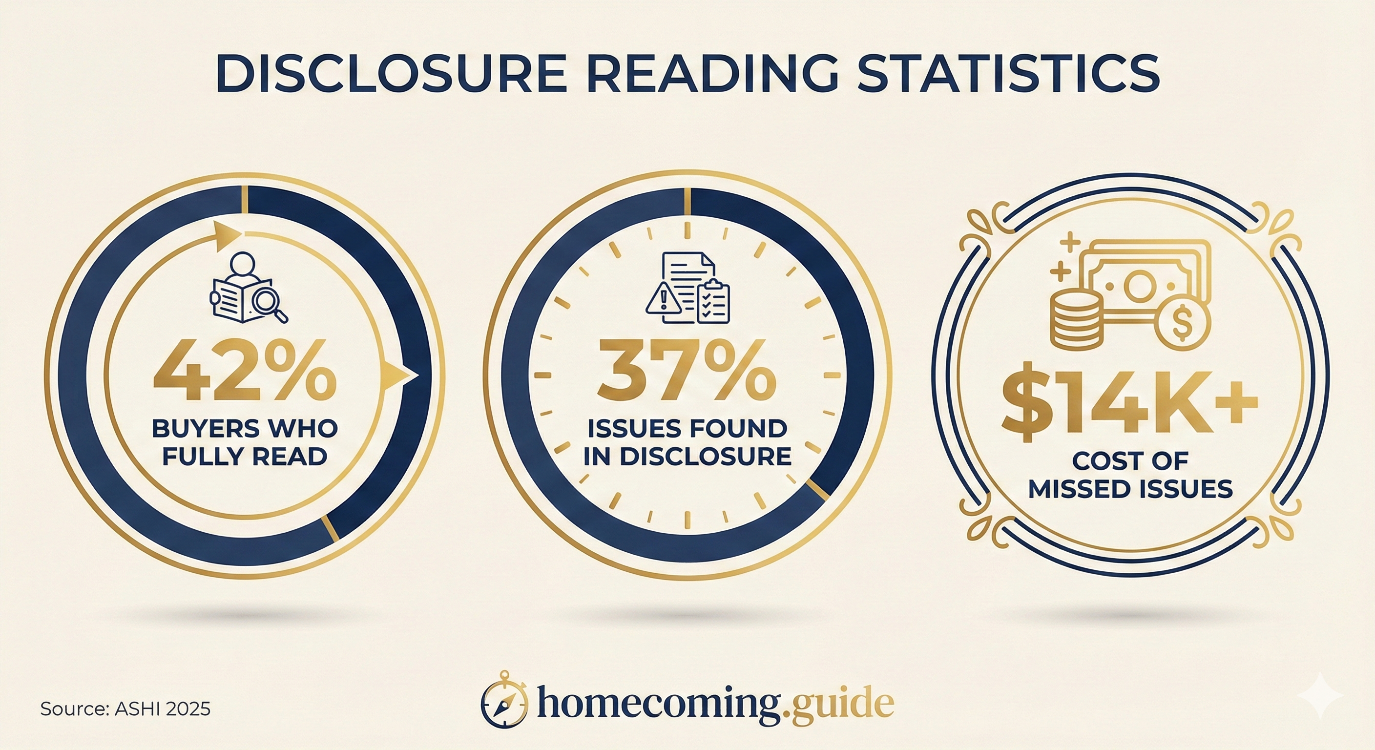 Disclosure reading statistics: 42% of buyers fully read, 37% of issues found in disclosure, $14K+ cost of missed issues